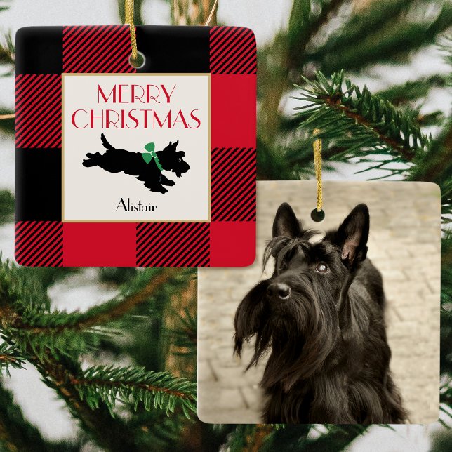 Christmas Scottie Dog Foto Buffalo Kariert Red Keramikornament (Von Creator hochgeladen)