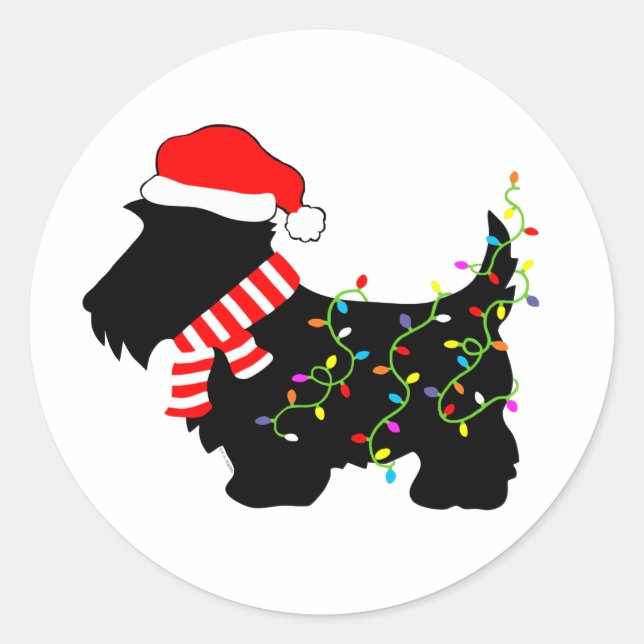 Christmas Scottie Dog mit Licht Runder Aufkleber (Vorderseite)