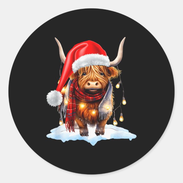 Christmas Scottish Highland Cow Wrapped In Christm Runder Aufkleber (Vorderseite)
