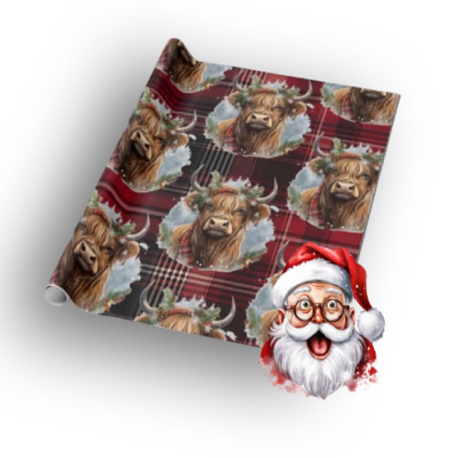 Christmas Scottish Tartan dunkelrot Highlander Cow Geschenkpapier (Merry Christmas)