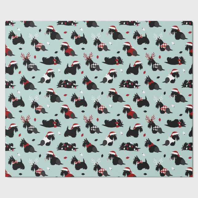 Christmas Scottish Terrier Blue Wrapping Paper Geschenkpapier (Saum)