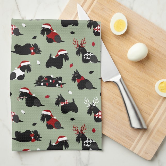 Christmas Scottish Terrier Green Geschirrtuch (Viertel Falte)