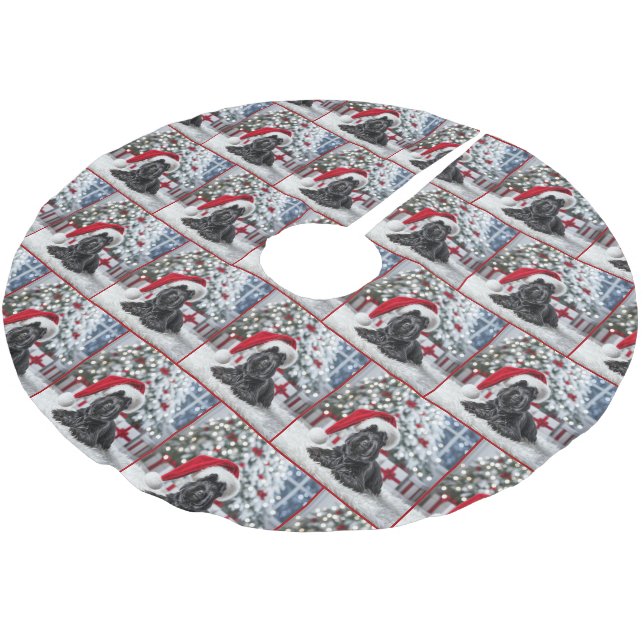 Christmas Scottish Terrier mit Weihnachtsmannmütze Polyester Weihnachtsbaumdecke (Schrägansicht)