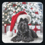 Christmas Scottish Terrier On a White Rug Quadratischer Aufkleber<br><div class="desc">Ein schwarzer schottischer Schottenhund trägt eine Weihnachtsmannmütze,  während er auf einem flauschigen weißen Pelzteppich liegt.</div>