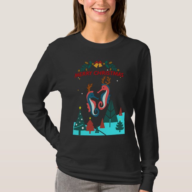 Christmas Seahorse Reindeer With Holiday Decorativ T-Shirt (Vorderseite)