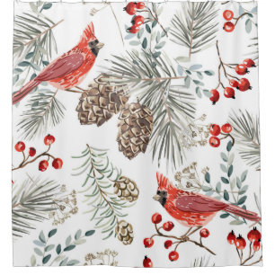 Christmas seamless pattern, Kardinal birds, Red be Duschvorhang