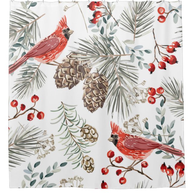 Christmas seamless pattern, Kardinal birds, Red be Duschvorhang (Vorderseite)