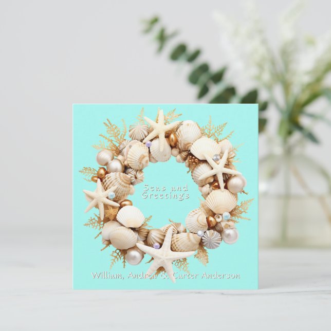 Christmas Seashells Starfish Pearls Blubbles Feiertagskarte (Stehend Vorderseite)