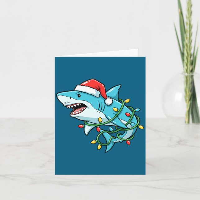 Christmas Shark Santa Hat Wrapped In Lights Funny  Karte (Vorderseite)