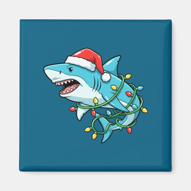 Christmas Shark Santa Hat Wrapped In Lights Funny  Magnet (Vorne)