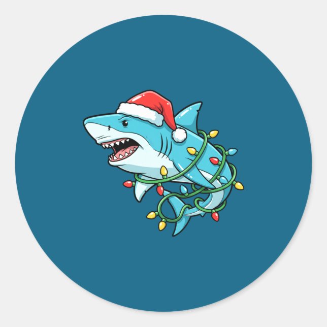 Christmas Shark Santa Hat Wrapped In Lights Funny  Runder Aufkleber (Vorderseite)