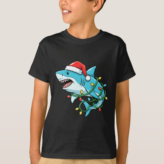 Christmas Shark Santa Hat Wrapped In Lights Funny  T-Shirt (Vorderseite)