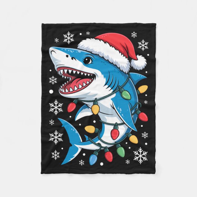 Christmas Shark Santa Hat Wrapped Lights Holiday S Fleecedecke (Vorderseite)