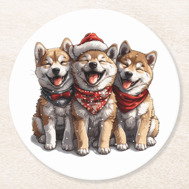 Christmas Shiba Inu Santa Dogs Runder Pappuntersetzer (Vorderseite)