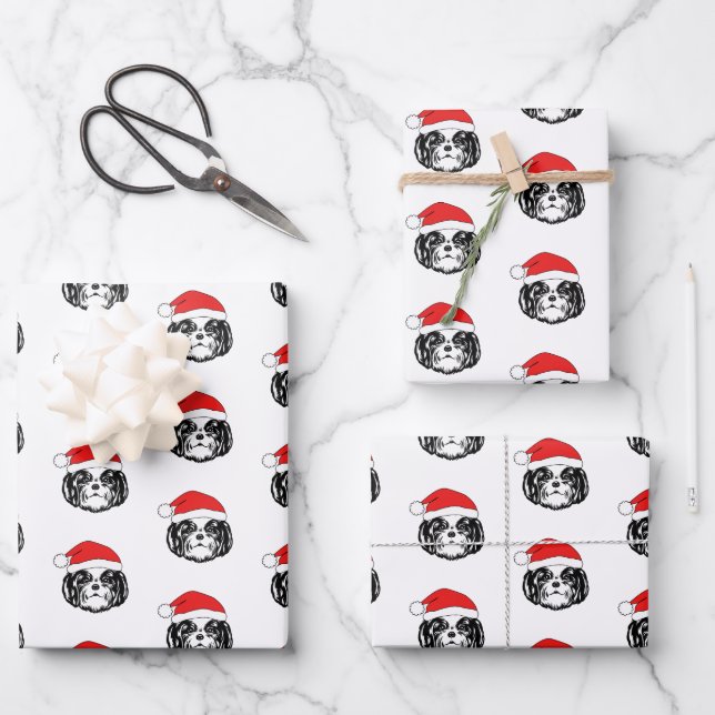 Christmas Shih Tzu Dog Weihnachtsmannmütze Geschenkpapier Set (Vorderseite)