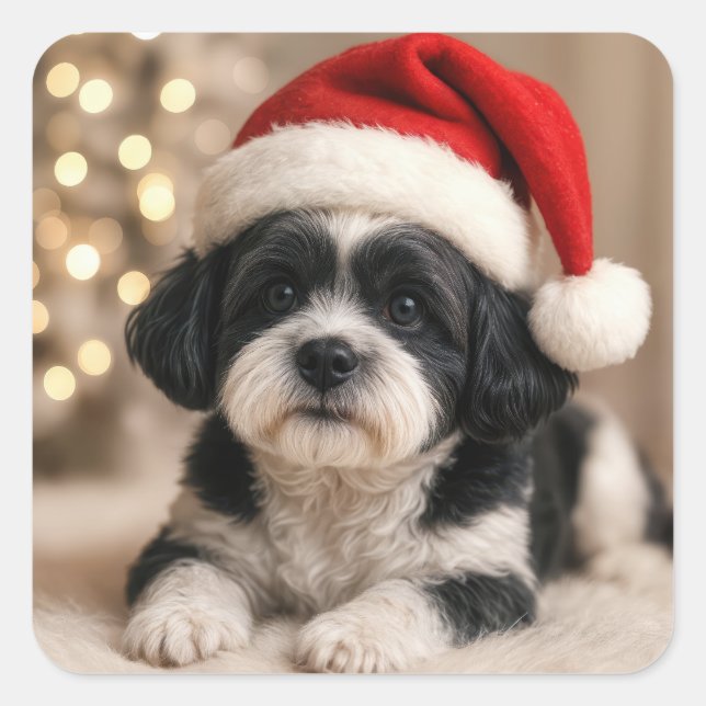 Christmas Shih Tzu Dog With Santa Hat Quadratischer Aufkleber (Vorderseite)