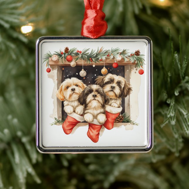 Christmas Shih Tzu Dogs Ornament Aus Metall (Baum)