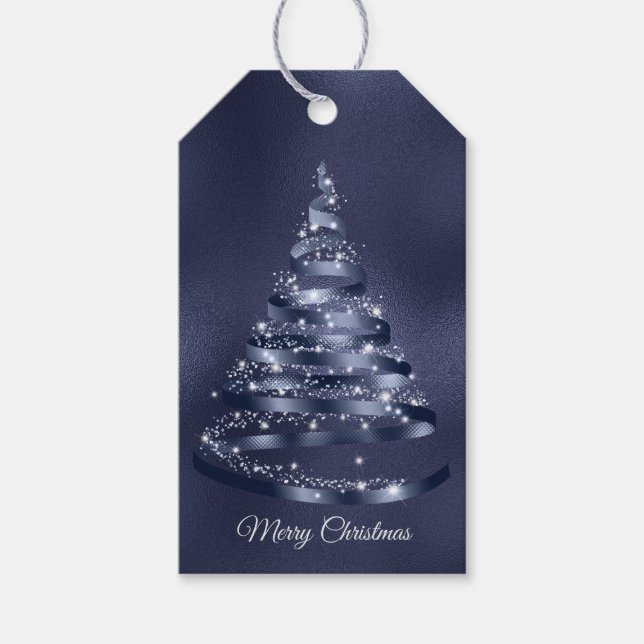 Christmas Shiny Blue Ribbon Tree Sparkle Geschenkanhänger (Vorderseite)