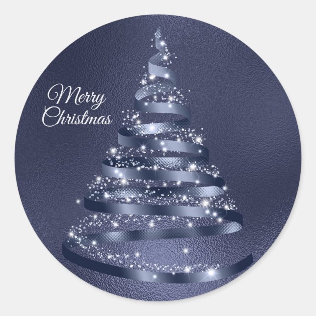 Christmas Shiny Blue Ribbon Tree Sparkle Runder Aufkleber (Vorderseite)