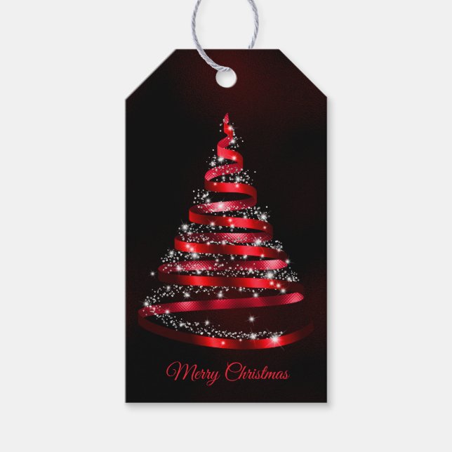 Christmas Shiny Red Ribbon Tree Sparkle Black Geschenkanhänger (Vorderseite)