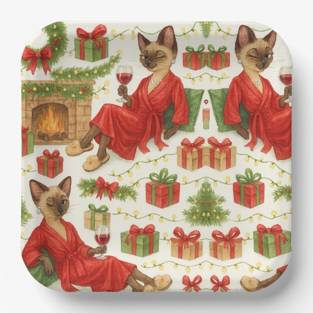 Christmas Siamese Cat is celebrating at home Pappteller (Vorderseite)