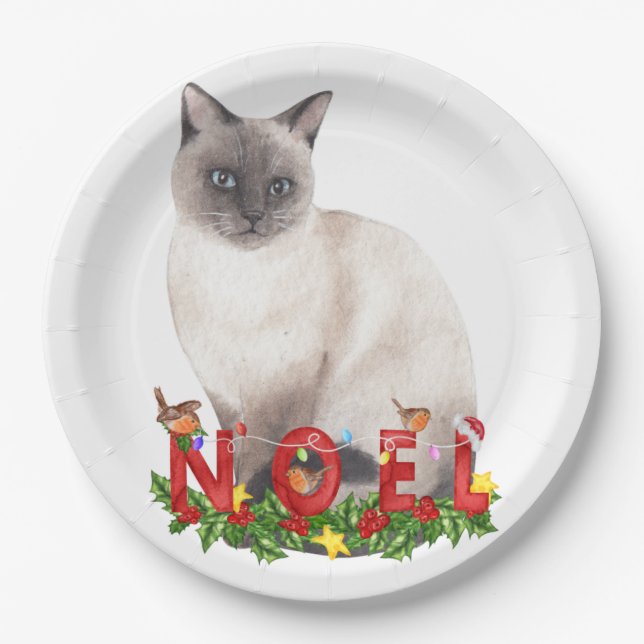 Christmas Siamese Cat Watercolor Pappteller (Vorderseite)
