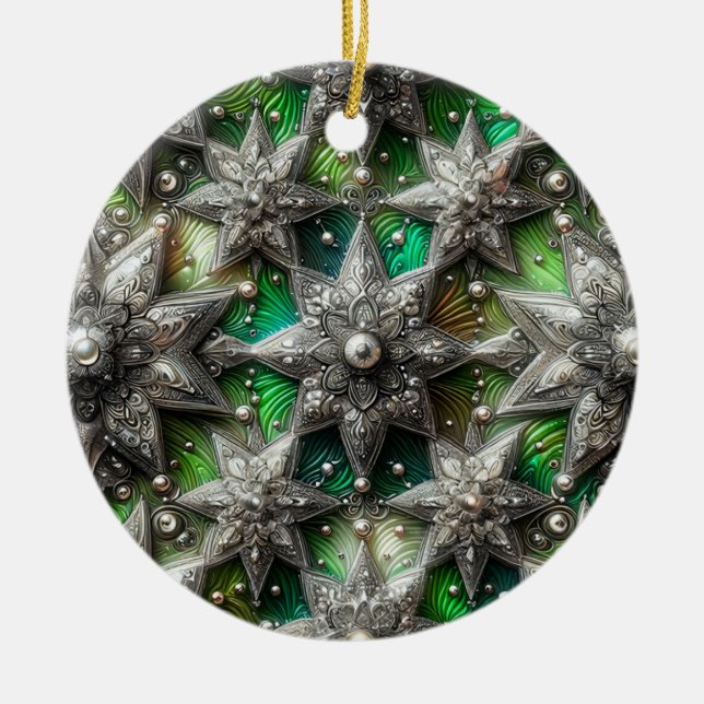 CHRISTMAS Silver Pearl Green 3D Star ~ Keramik Ornament (Vorne)