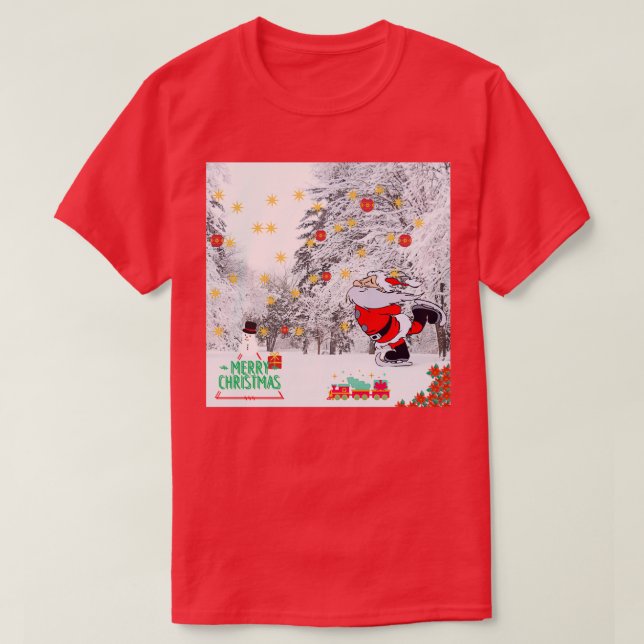 Christmas Skateboarding Santa With Full Party its  T-Shirt (Design vorne)