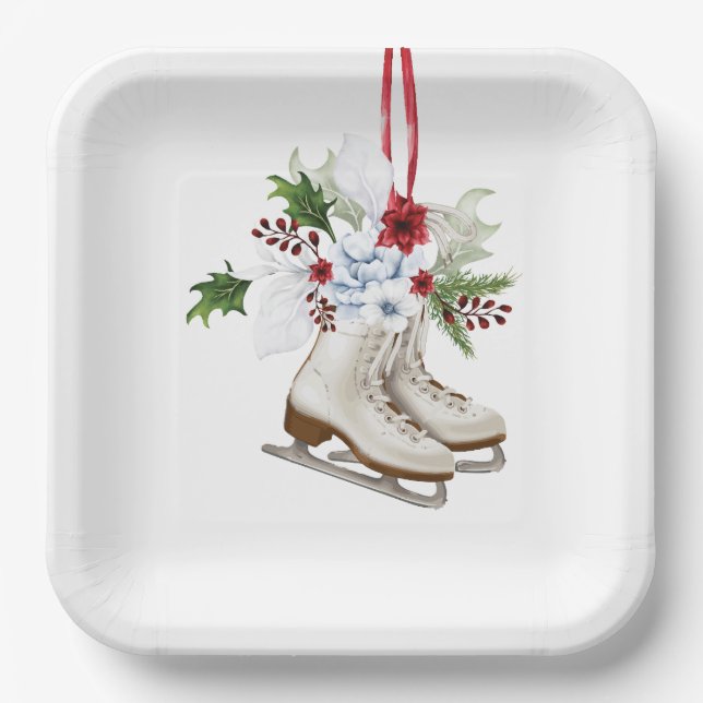 Christmas skating shoes with flowers and leaves pappteller (Vorderseite)