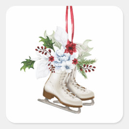 Christmas skating shoes with flowers and leaves quadratischer aufkleber