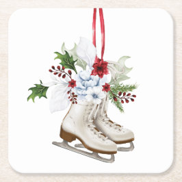 Christmas skating shoes with flowers and leaves rechteckiger pappuntersetzer
