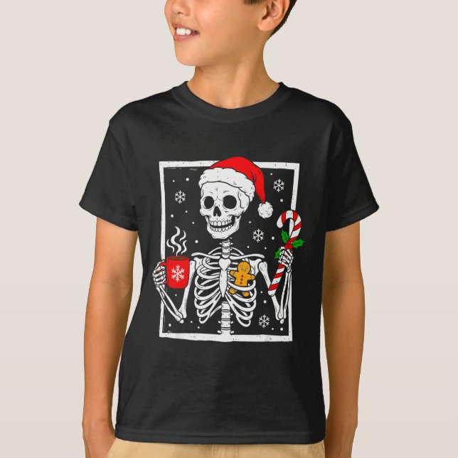 Christmas Skeleton Hat Santa Coffee Candy Cane Xma T-Shirt (Vorderseite)