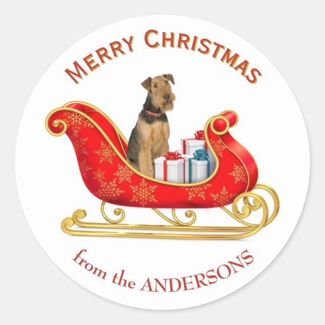 Christmas Sleigh Airedale Terrier Dog Runder Aufkleber (Vorderseite)