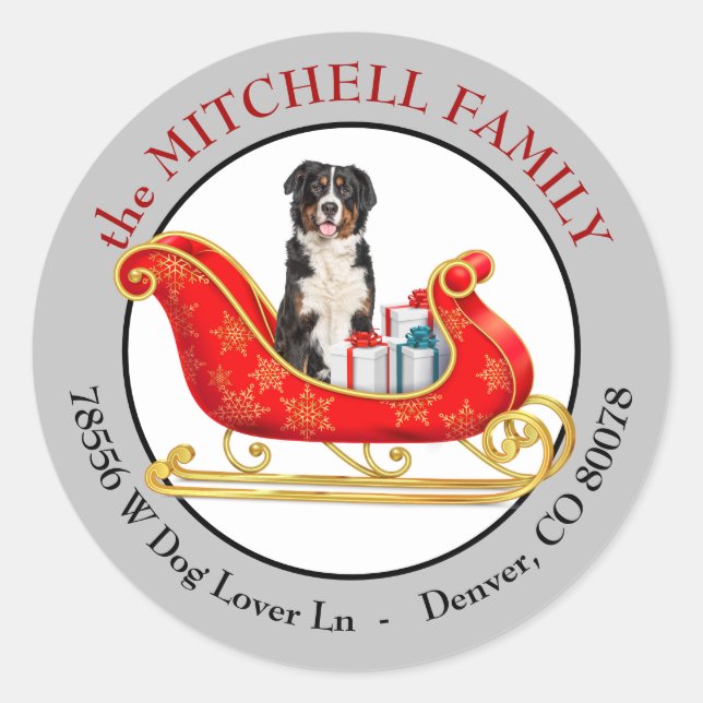 Christmas Sleigh Bernese Mountain Dog Address Runder Aufkleber (Vorderseite)