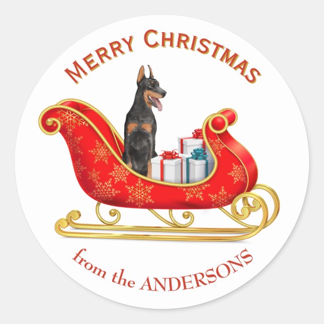 Christmas Sleigh Doberman Pinscher Dog Runder Aufkleber (Vorderseite)