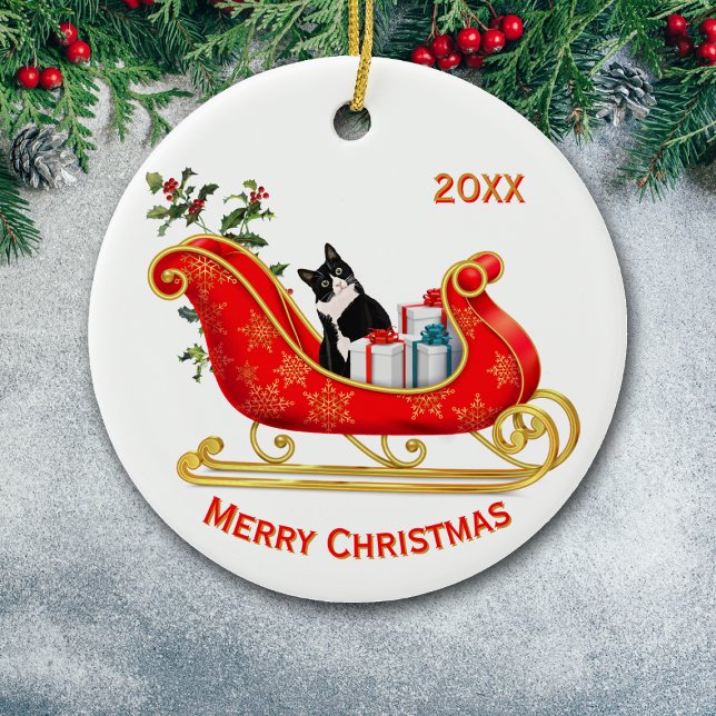Christmas Sleigh Schwarz-weiße Katze Keramik Ornament (Von Creator hochgeladen)