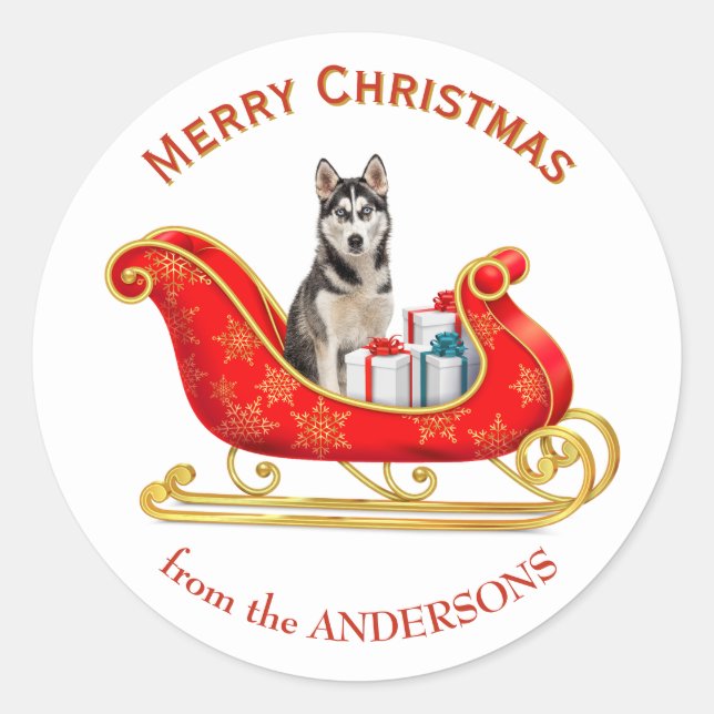 Christmas Sleigh Siberian Husky Dog Runder Aufkleber (Vorderseite)
