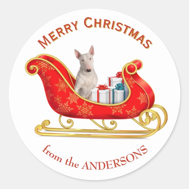 Christmas Sleigh White Bull Terrier Dog Runder Aufkleber (Vorderseite)