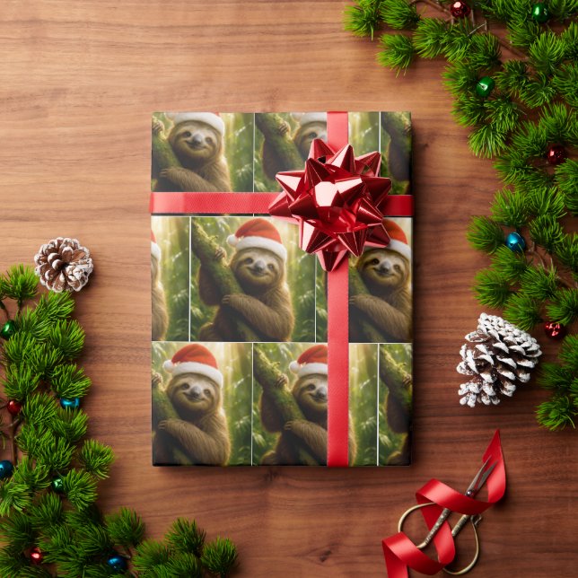 Christmas Sloth Wearing a Santa Hat Geschenkpapier (Feiertagsgeschenk)