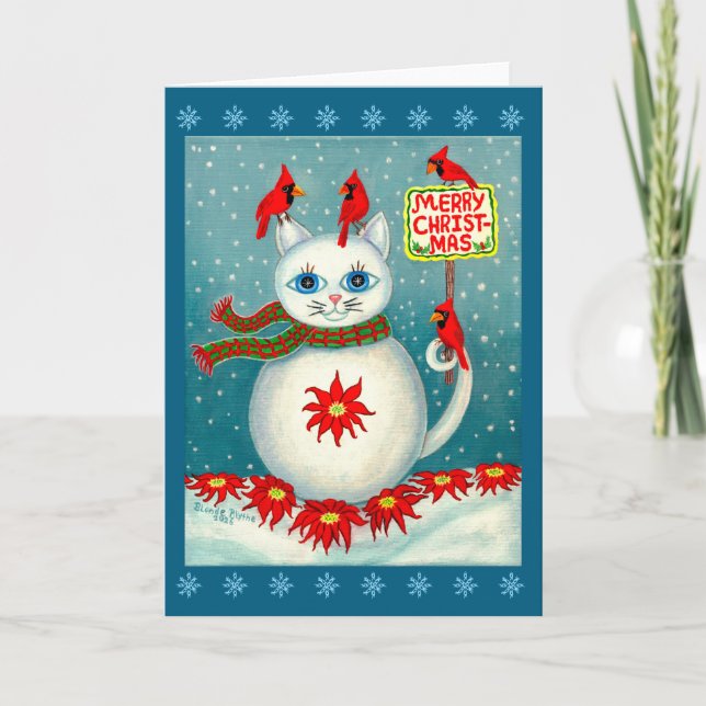Christmas Snowcat Cardinal Bird Snowman Poinsettia Karte (Vorderseite)