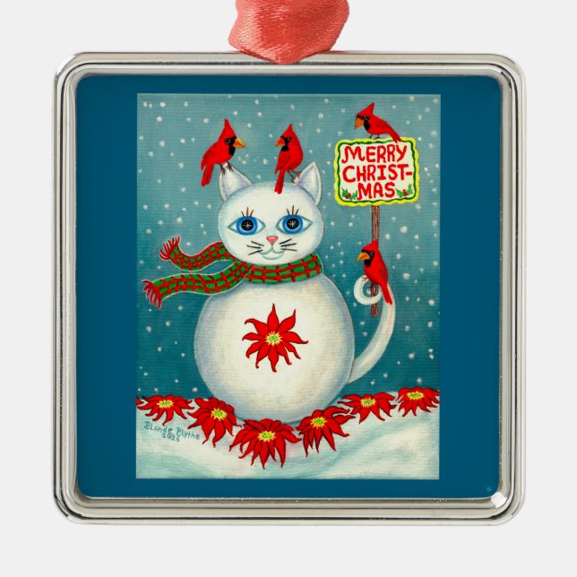 Christmas Snowcat Cardinal Bird Snowman Poinsettia Ornament Aus Metall (Vorne)