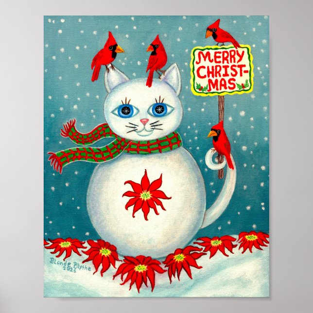 Christmas Snowcat Cardinal Bird Snowman Poinsettia Poster (Vorne)