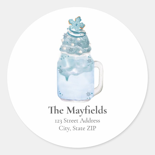 Christmas Snowflake Blue Milkshake Adresse Runder Aufkleber (Vorderseite)