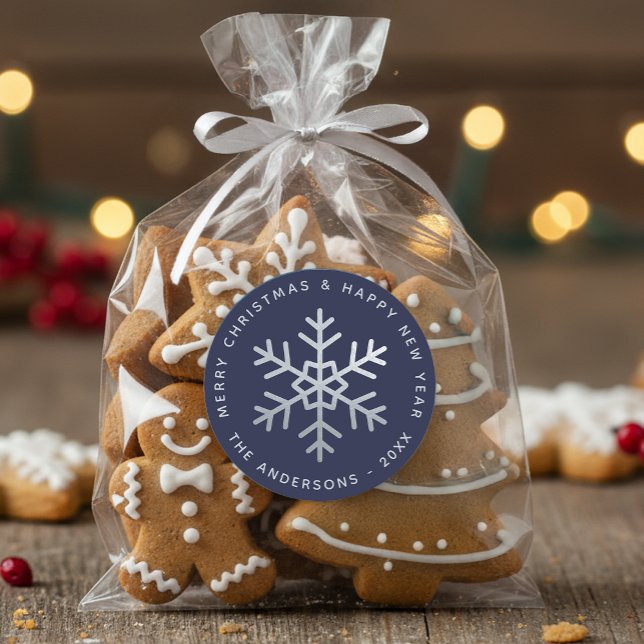 Christmas Snowflake Navy Blue Faux Silver Elegant  Runder Aufkleber (Von Creator hochgeladen)