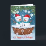 Christmas Snowman Couple Feiertagskarte<br><div class="desc">Eine wunderschöne Weihnachtskarte mit zwei fröhlichen Schneemännern, die zurücktreten und in der Eiswanne eine Chillin-Socke genießen. Diese charmante Szene vereint das Wesen der Erholung und Kameradschaft im Urlaub. Teilen Sie die Freude und Freude der Saison mit dieser herzzerwärmenden Karte, die Ihre Lieben daran erinnert, einen Moment zu nehmen, um sich...</div>