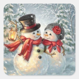 Christmas Snowman Couple Quadratischer Aufkleber
