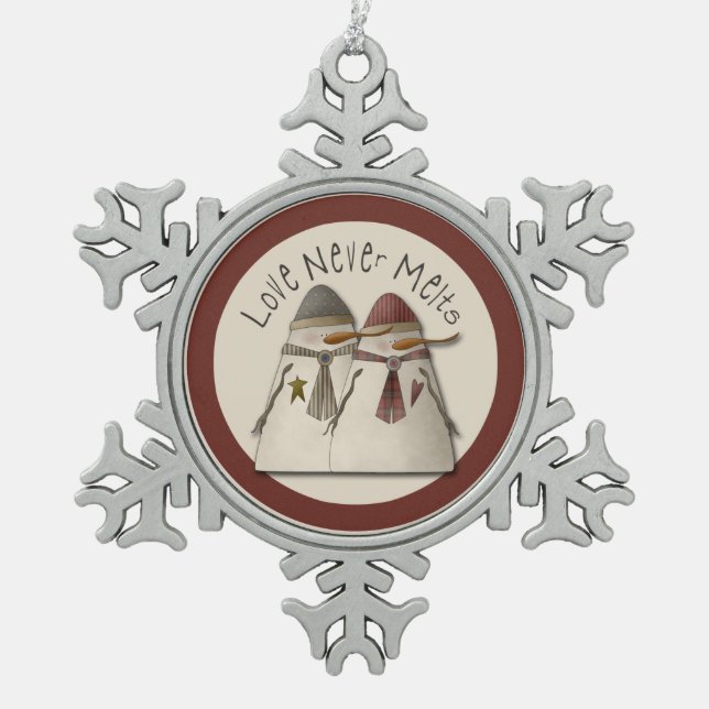 Christmas Snowman Couple Schneeflocken Zinn-Ornament (Vorderseite)