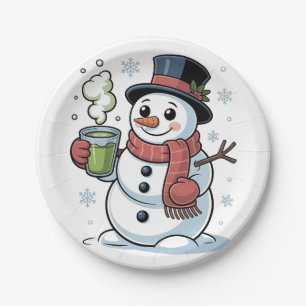 Christmas Snowman Drinkinh Green Matcha Pappteller