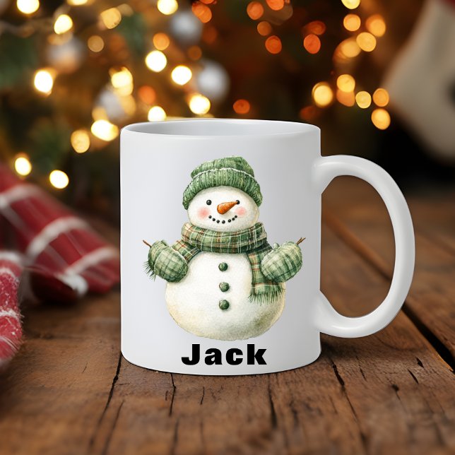 Christmas Snowman Green Hat Individuelle Name Kaffeetasse (Christmas Snowman Green Hat Custom Name Coffee Mug)