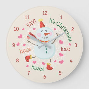 Christmas Snowman Hugs Love Kisses Große Wanduhr